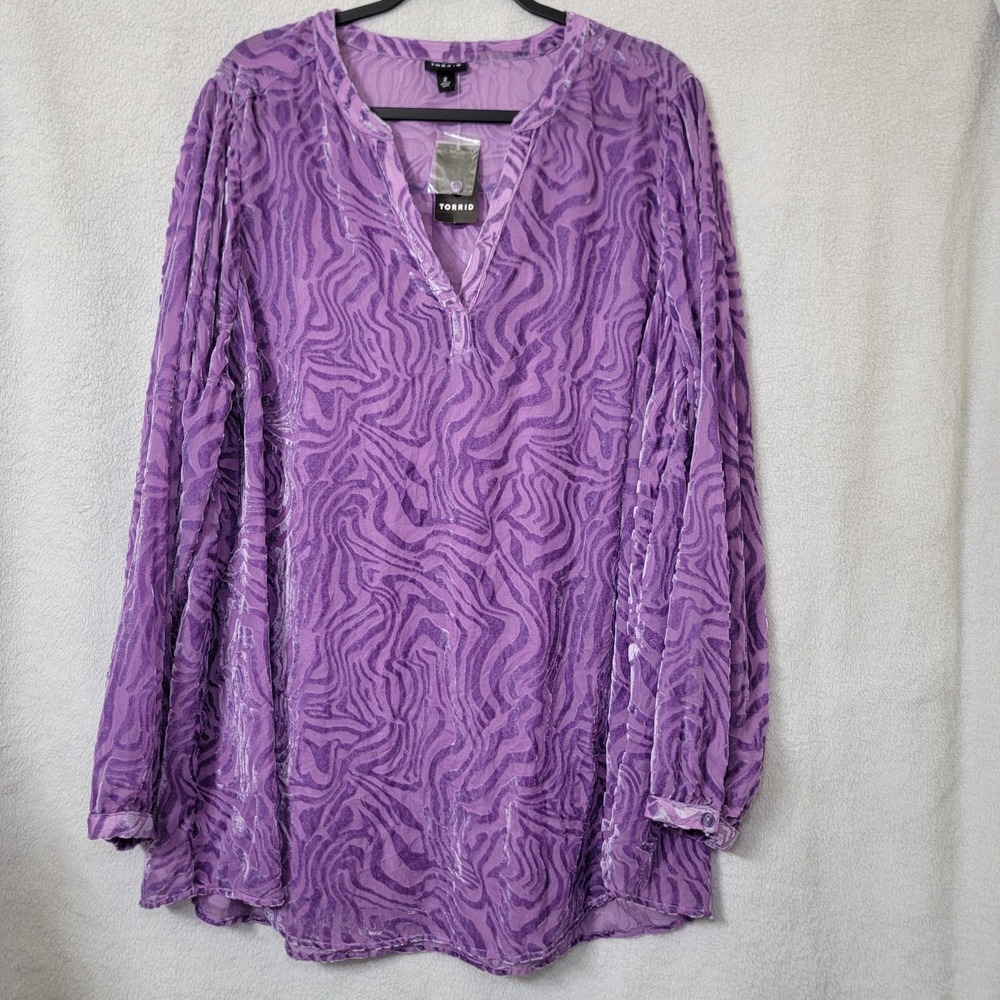 Torrid Tunic Top Velvet‎ Burnout Flowy Sheer Blouse Purple Long Sleeve Sz 2 NWT